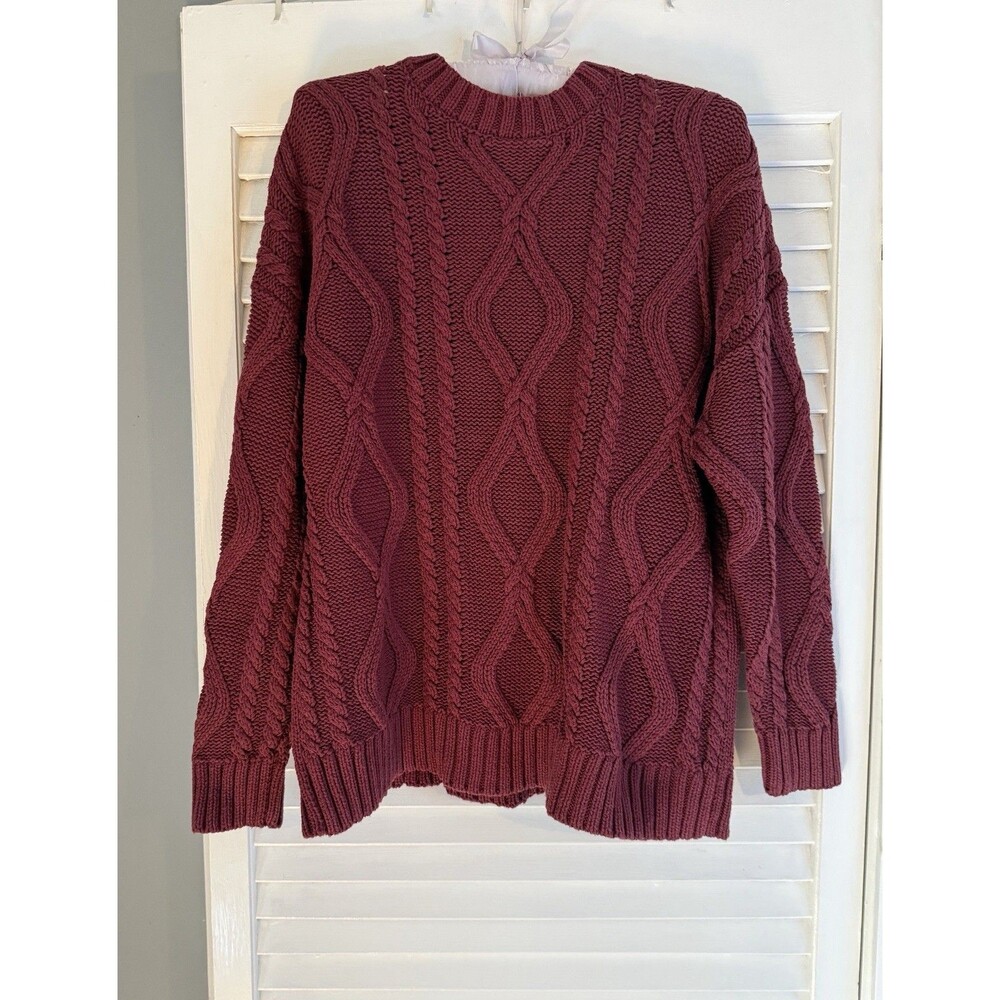 Burgundy Cable Knit Sweater Women's S Fisherman Core Dark Academia Preppy